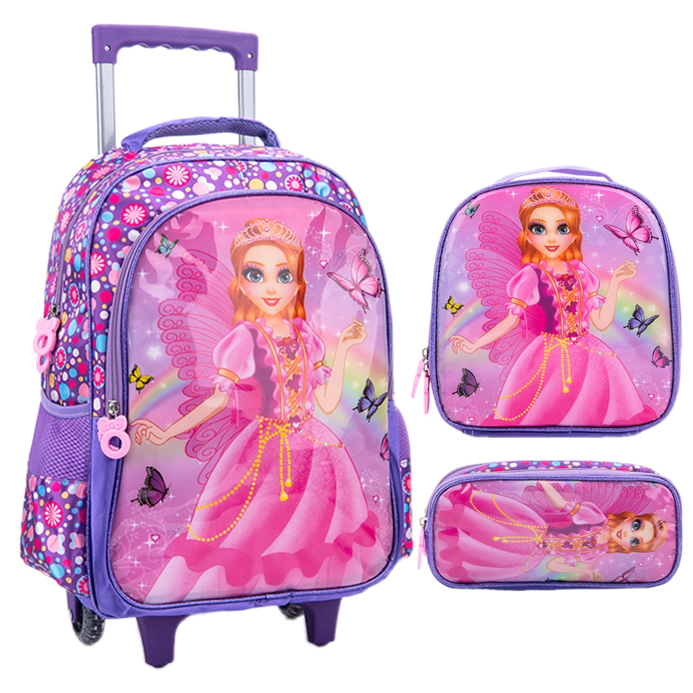 BMA9319BP-KIT Kit Mochila Escolar Infantil de Rodinhas Menina Bolsa Resistente Impermeável Com Lancheira e Estojo