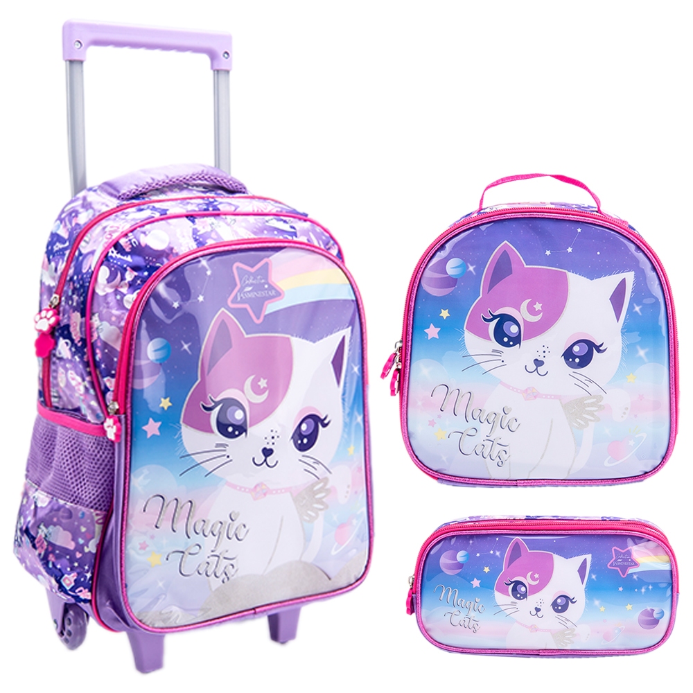 BMA9319GF-KIT Kit Mochila Escolar Infantil de Rodinhas Menina Bolsa Resistente Impermeável Com Lancheira e Estojo