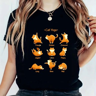 Camiseta Básica Algodão Feminina Cat Yoga Exercicio Felino