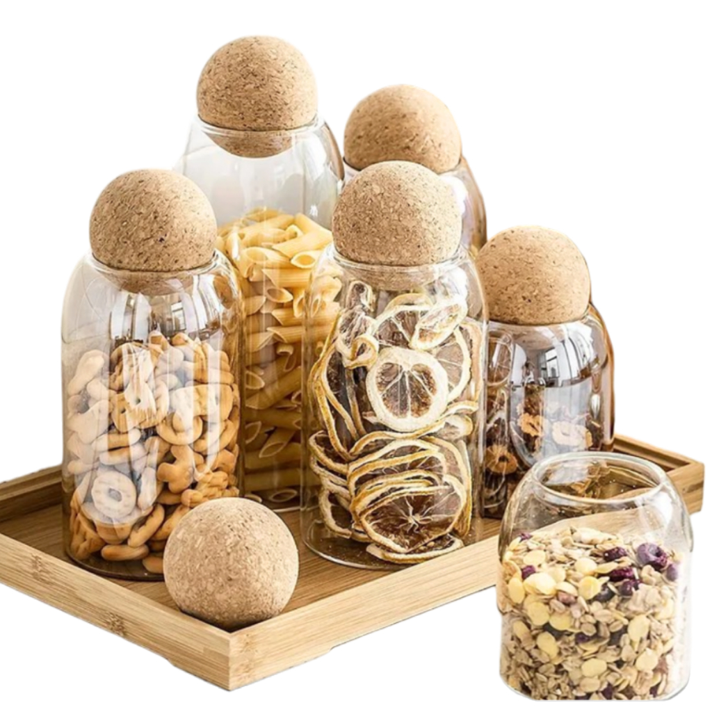 Pote Hermético Vidro Borossilicato Tampa de Bola Esfera Rolha Cortiça Porta Mantimento Con...