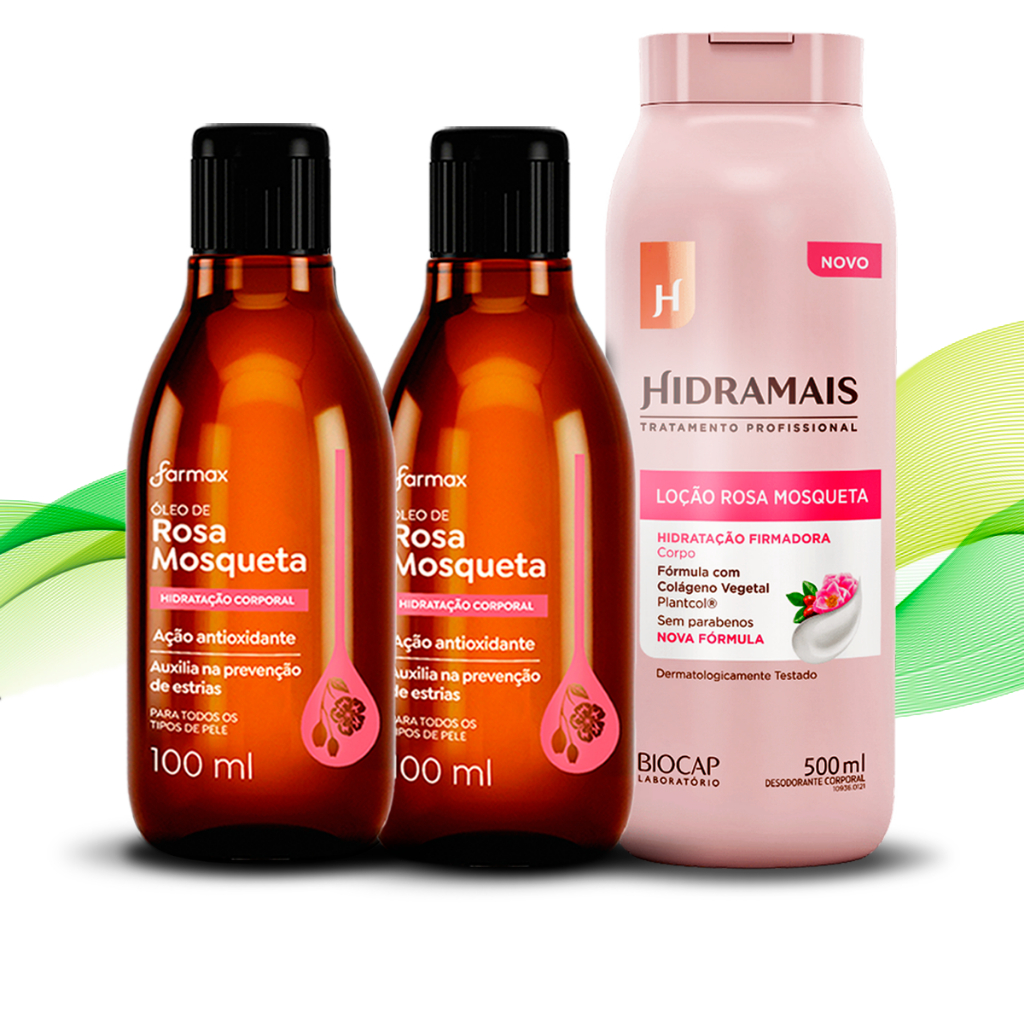 1x Creme Rosa Mosqueta 500ml + 2 Óleos Mosqueta 100ml Farmax (Tira Manchas e Estrias) - Envio Turbo