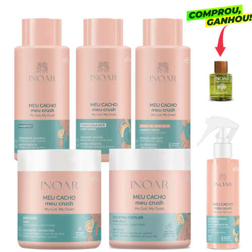 KIT INOAR MEU CACHO MEU CRUSH SH+COND+MÁS.+GELATINA+CREME DE PENTEAR 5X500G+FLUIDO ATIVADOR DE CACHOS 200ML+OLEO ARGAN7M