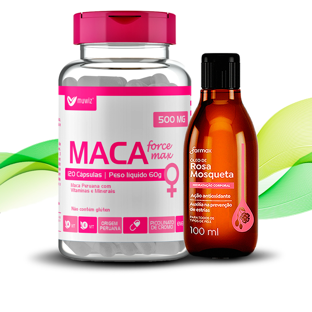 Kit Rosa Mosqueta 100ml Farmax + Maca Peruana Feminina Muwiz 120 Cápsulas - Envio Turbo