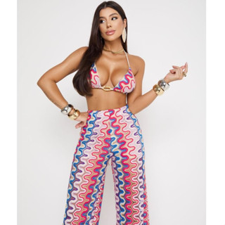 Conjunto Espanha Calça com short e Top Biquíni Colorido Verão Top Feminino Lançamento Saida de praia 2024