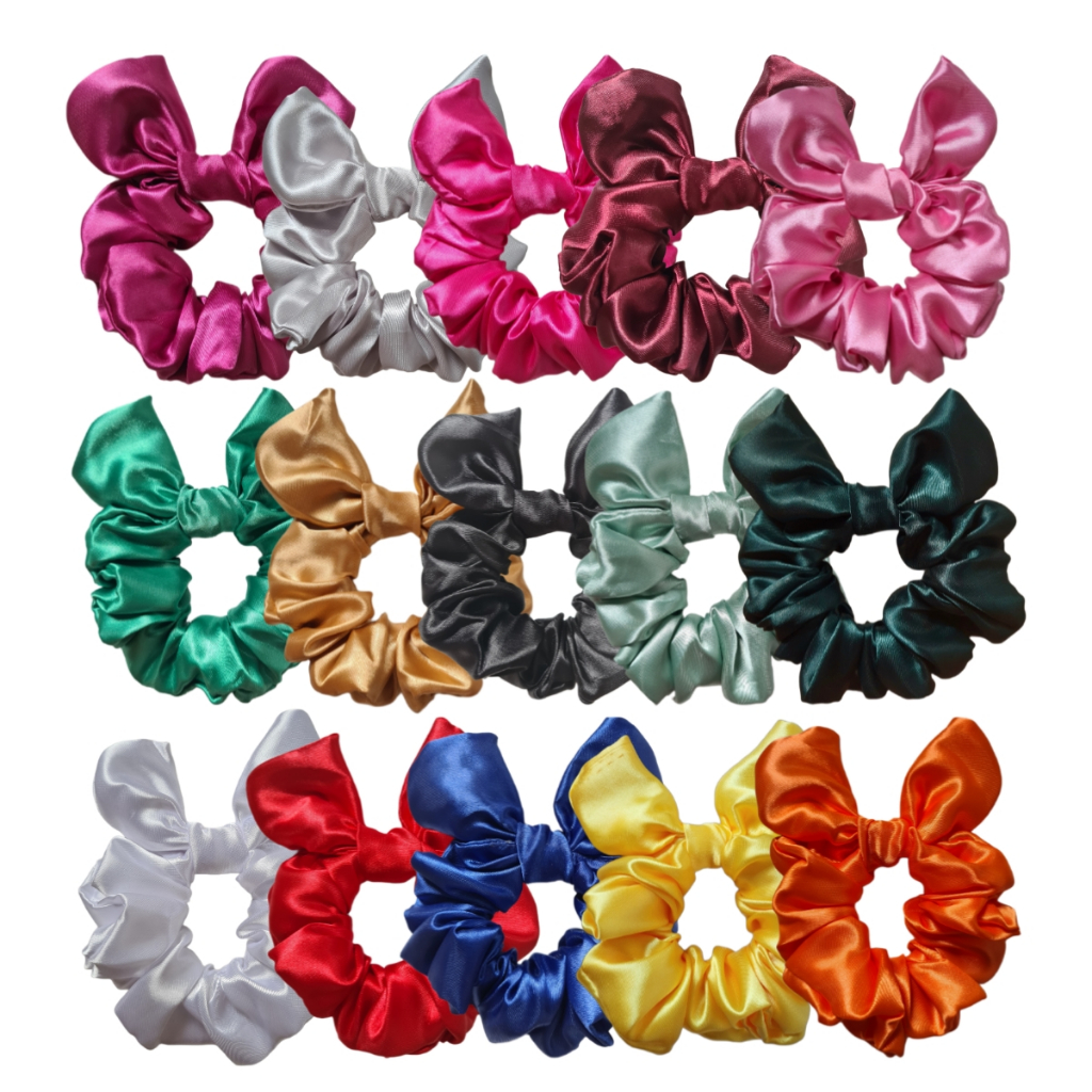1 Scrunchie Cetim Xuxas de Tecido Rabicó Frufru Com Laço