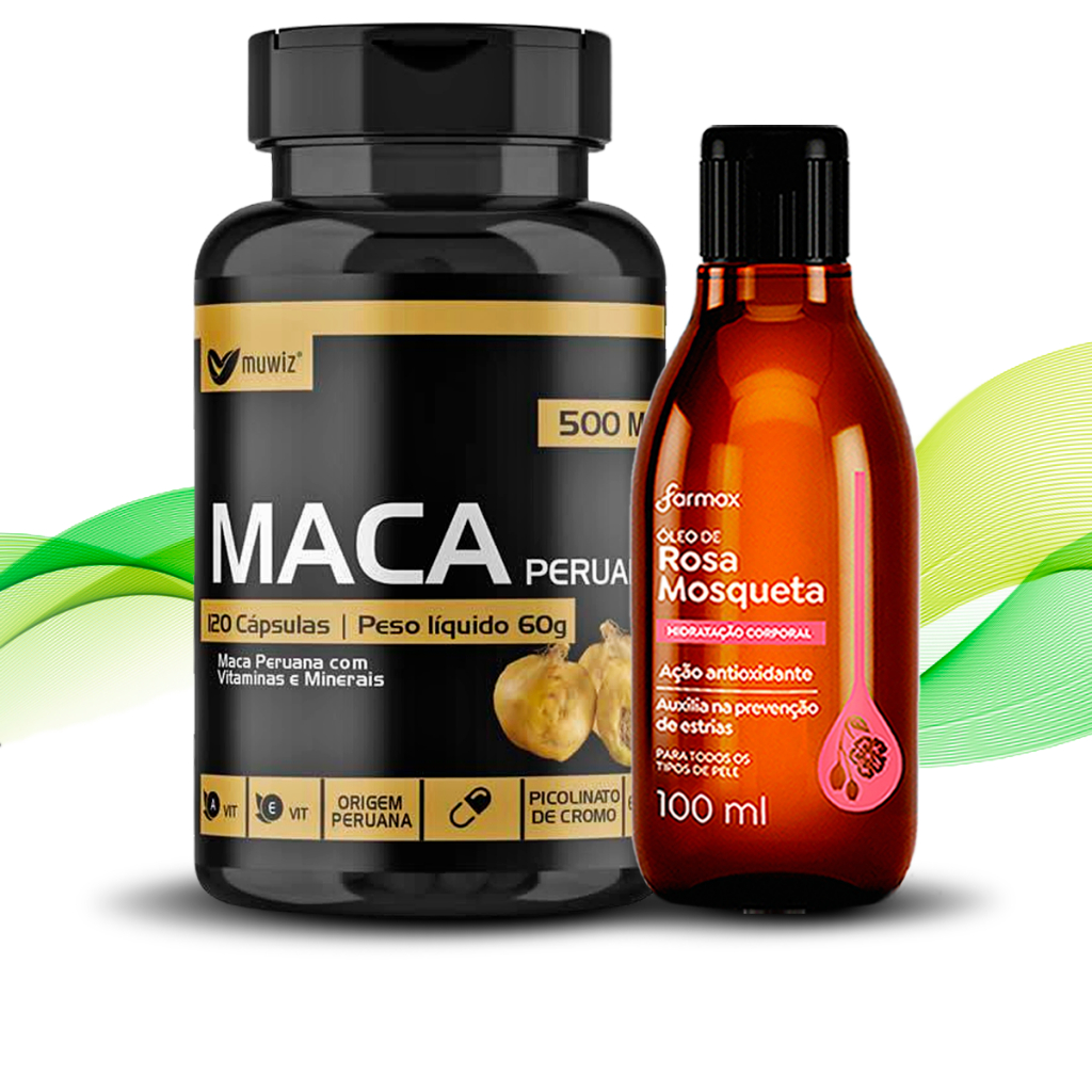 Kit Maca Peruana Muwiz 120 Cápsulas + Óleo Rosa Mosqueta Farmax 100ml - Envio Turbo