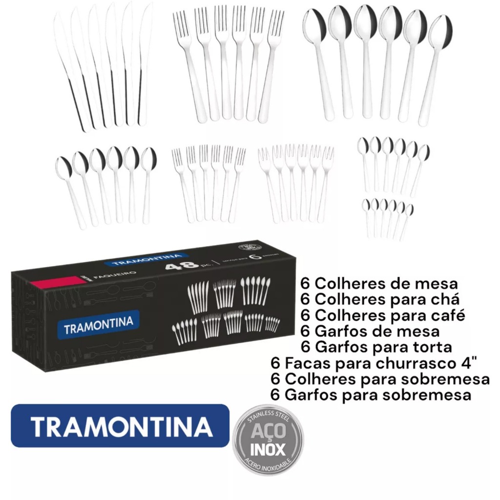 Jogo de Talheres Faqueiro Tramontina 48 Peças Aço Inox Malibu