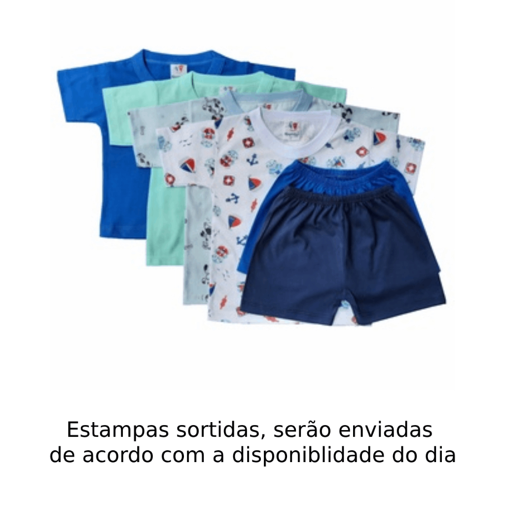 Promoção Kit 2 Camiseta Lisa 2 Camiseta Estampada 4 Shorts liso Algodão Menino Menina P ao 3