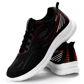 Tênis Masculino Casual Polo Running Leve Preto Vermelho