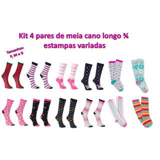 Kit 4 pares Meia 3/4 infantil cano alto longo colorida divertida galochita menina carnaval