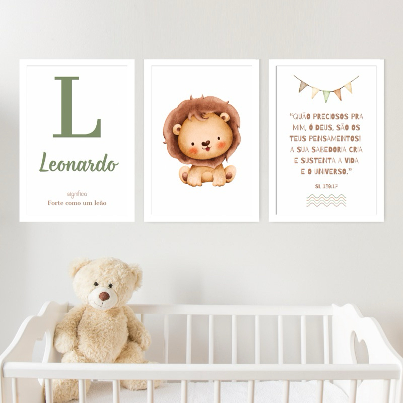 Kit 3 Quadros Decorativos Infantil Personalizado Nome Bebê Para Quarto Ou Porta Maternidade Leao