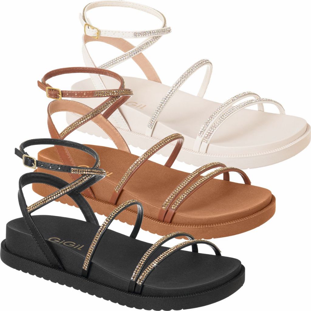 Sandália Feminina Rasteirinha Tamanco Papete Flat Tiras Strass Original Brilho Gigil em Oferta na Shopee