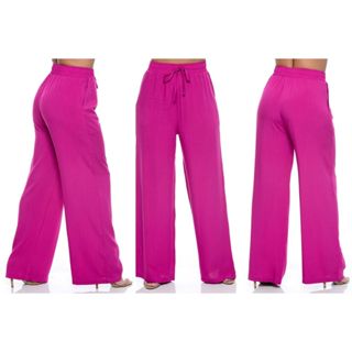Calça Pantalona Feminina Elástico Na Cintura Com Bolso Cintura Alta Tecido Viscose Fúcsia