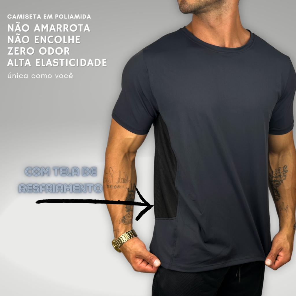 Camiseta Masculina Malha Fria Não Amarrota Poliamida Academia Recorte Lateral em Oferta na Shopee