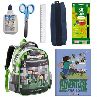 Kit Escolar Mochila Caderno Minecraft Brochura Estojo Lapis Cor Borracha Tesoura Infantil