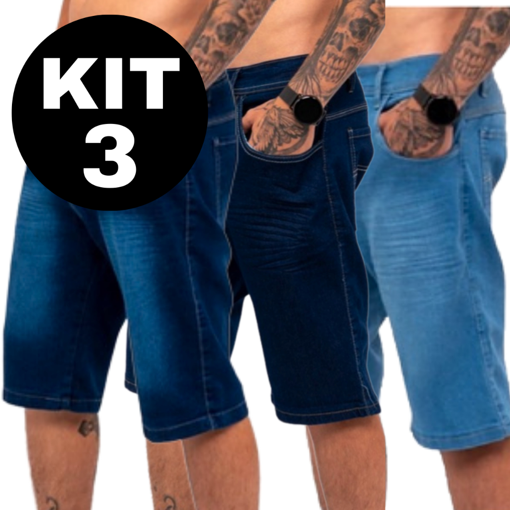 Kit 3 Bermudas Jeans Masculinas Slim Fit com Elastano Original > Conforto, Estilo e Preço Imbatível