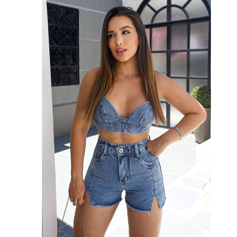 Conjunto Jeans Top e Short Pedraria de Strass Carnaval Marmorizado Cintura Alta Sem Laicra