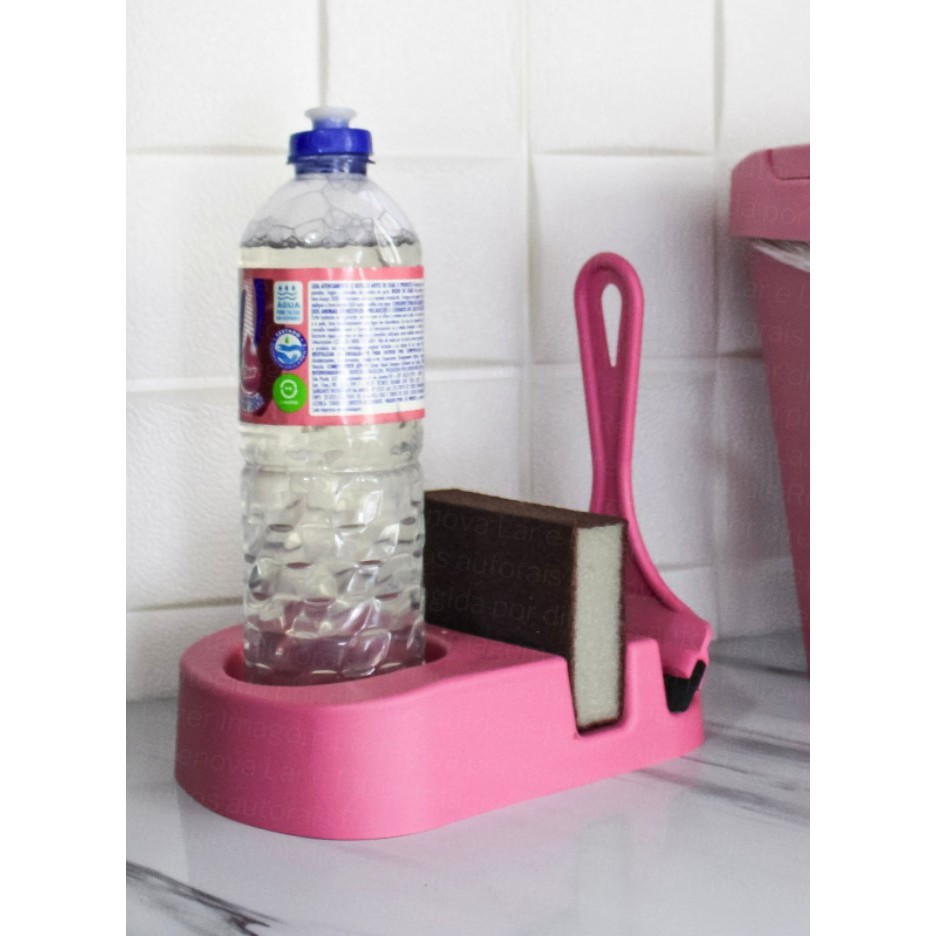 Porta Detergente Esponja + Rodinho Rosa Elegance em Oferta na Shopee