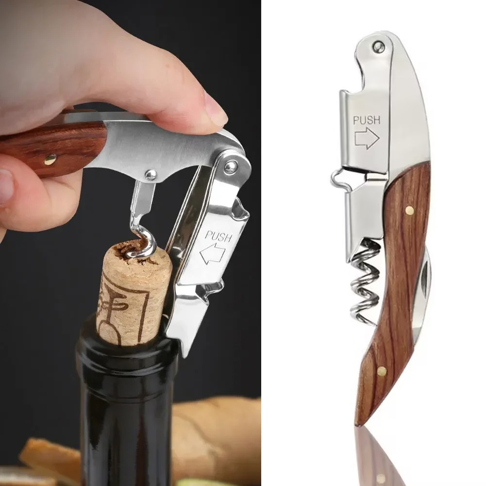 Abridor de garrafas de vinho em aço inoxidável com cabo de madeira