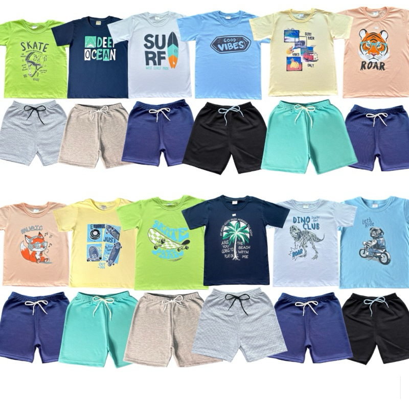 Kit 12 Peças de Roupas Infantil Menino- 6 Camisetas + 6 Bermudas - Promoção - Kit com 6 Conjuntos de Roupa Infantil Menino Verão Masculino Bebe Barato