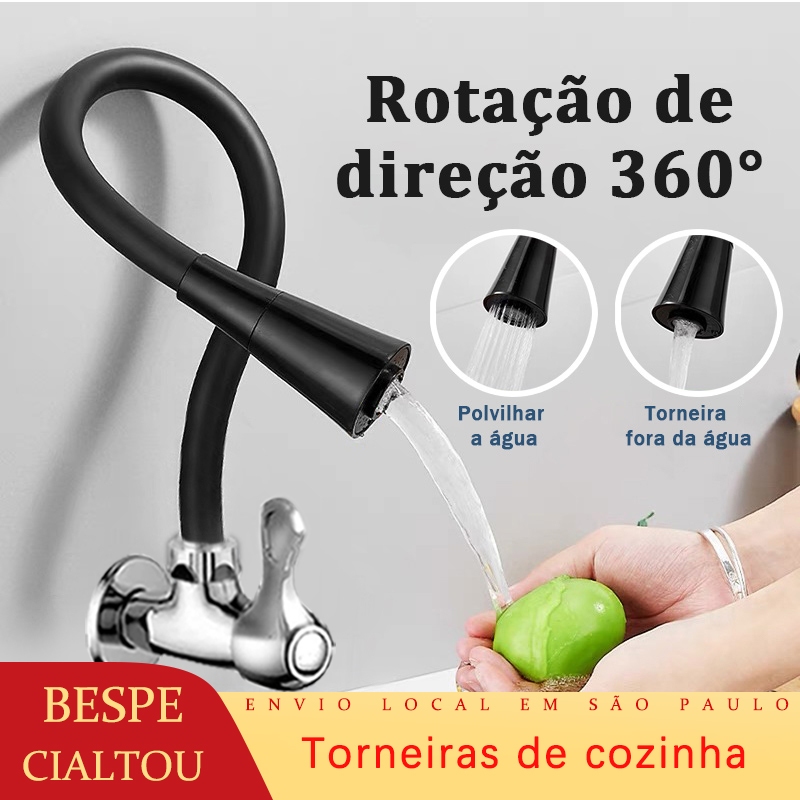 Torneira Gourmet Flexível Cozinha Preto Parede Duplo Jato Cone 1/4 de Volta