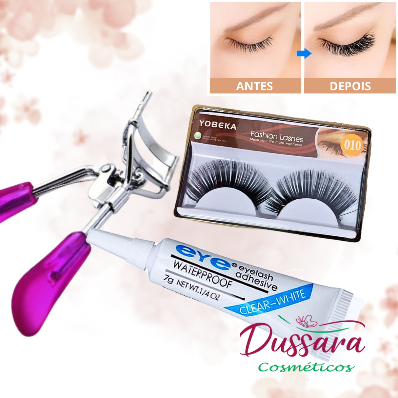 Kit Cílios Postiços Volumosos + Curvador de Cíliios Curvex + Cola (a Prova D'Água)