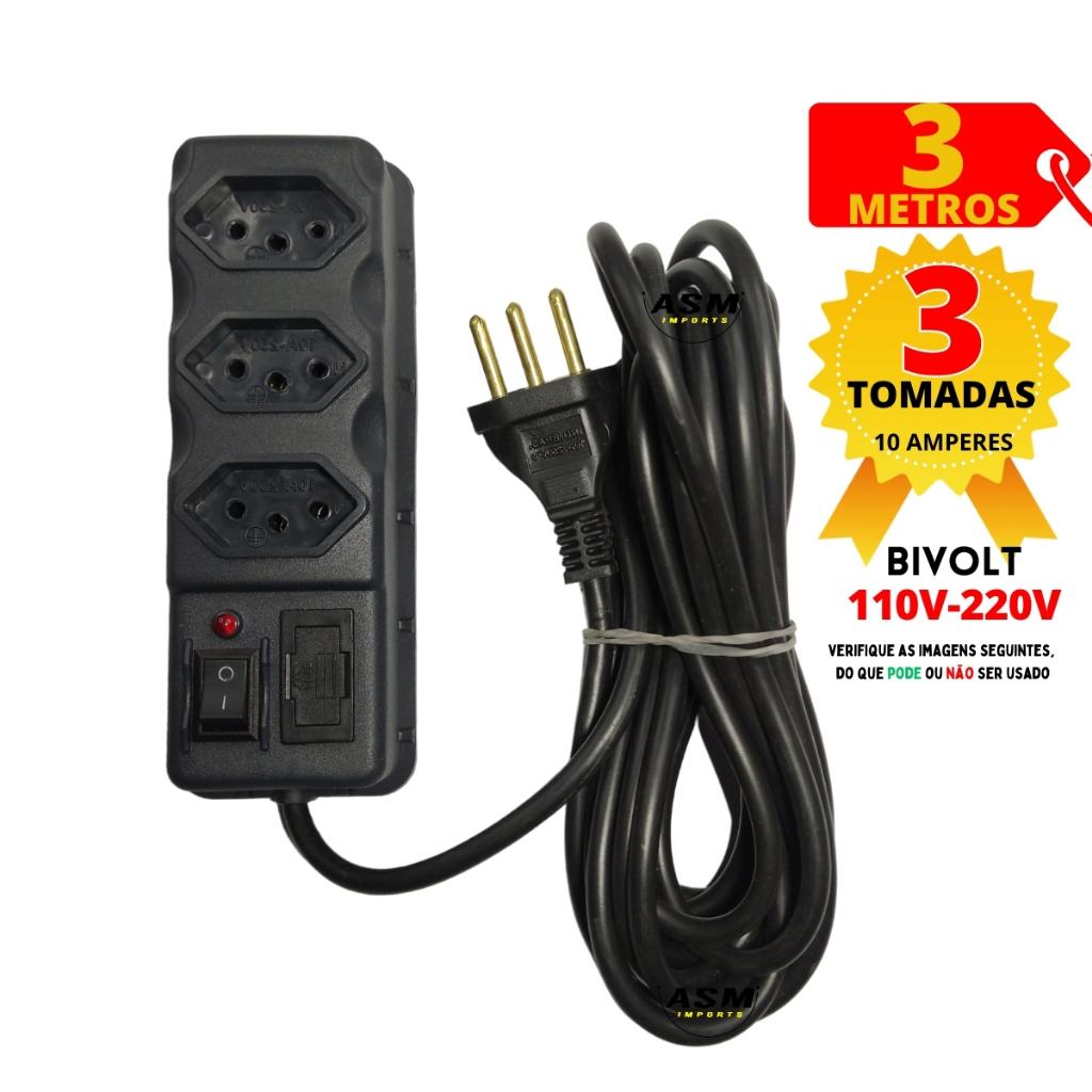 Filtro de Linha 3 Tomadas Tripolar 3 metros de cabo Regua Eletrica Bivolt Preto ou Branco Excelente em Oferta na Shopee