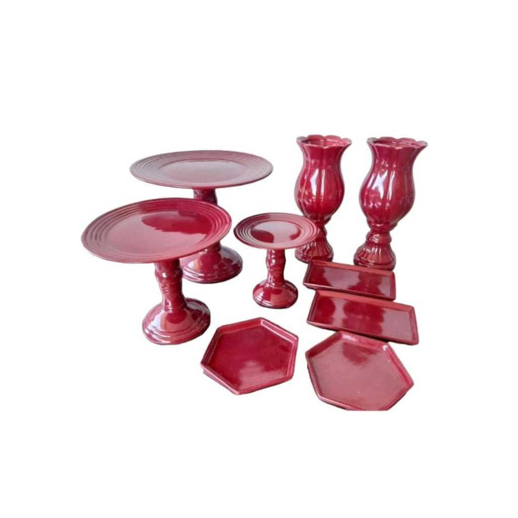 Kit festa decoração boleira taça doceiras 9 peças master marsala