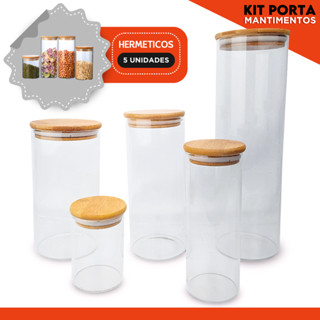 Potes De Vidro Herméticos - Kit Com 5 - Para Mantimentos Com Tampa De Bambu - Nybc