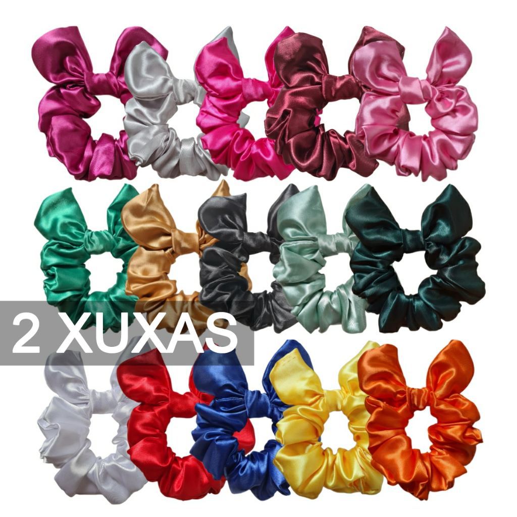 2 Scrunchies Cetim Xuxas de Tecido Rabicó Frufru Com Laço