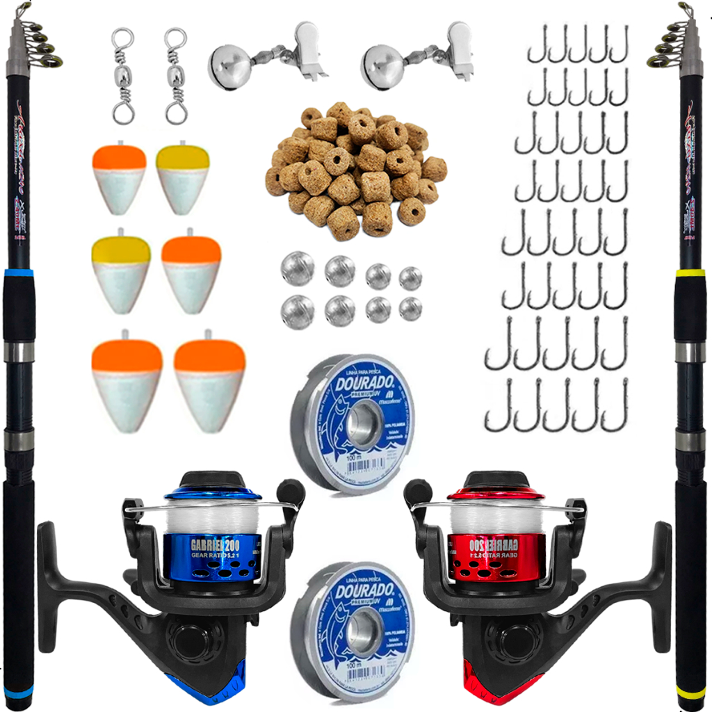 Kit Pesca 2 Varas Telescópicas 3,60m 2 Molinetes+ Acessórios - Sports & Outdoors