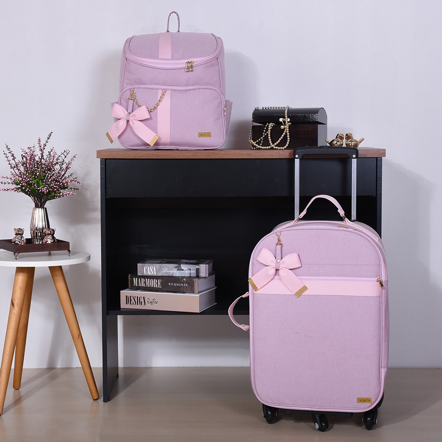 Kit Mochila + Mala de Rodinha Linho Rosê - 02 Peças
