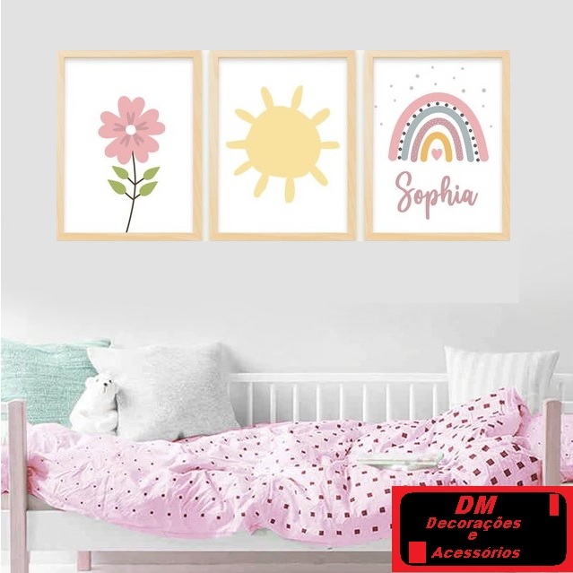 Quadros Menina Decorativo Arco iris com Nome do seu Bebê 3 Peças em Oferta na Shopee