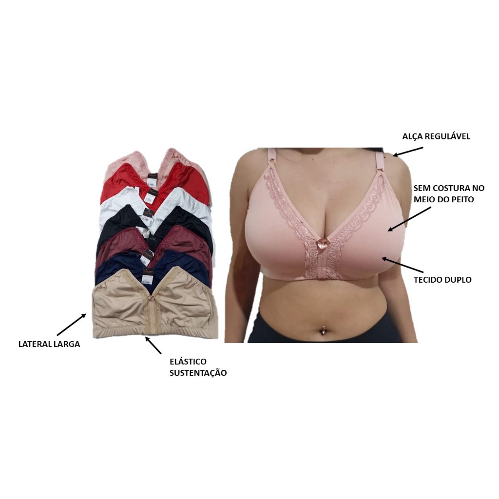 Kit 6 Sutien Sutiã Sutian Plus Size Extra Reforçado Sem Bojo Lycra Senhora Liso Atacado Revenda 50 - 52 - 54 - 56
