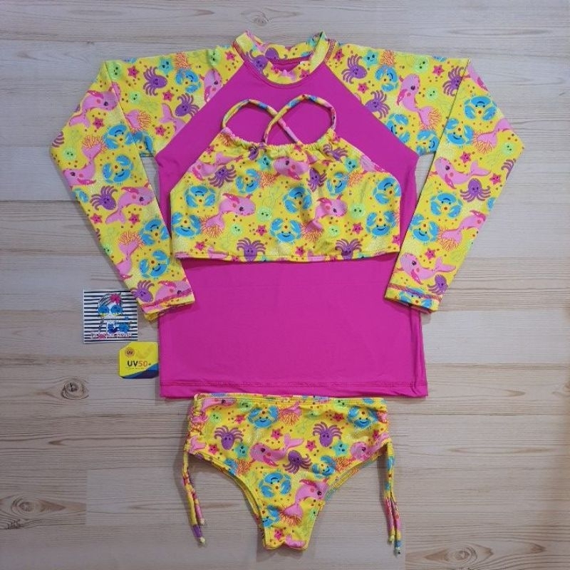 Kit 3 Peças Biquíni Infantil e Blusa com Proteção Solar UV50+ Juvenil Tamanhos 12 e 14 Forrados Ajuste nas Laterais
