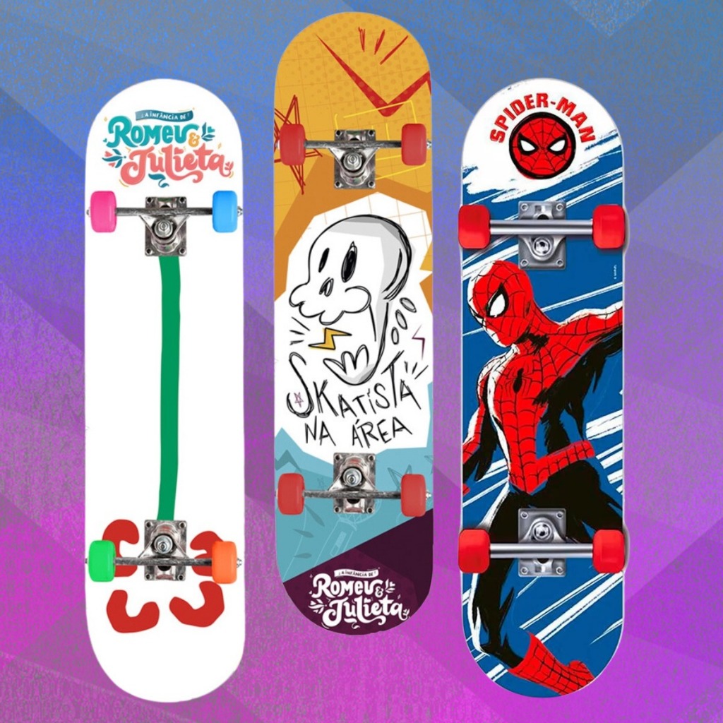 Skate Romeu E Julieta Caveira Homem Aranha Spiderman com Lixa Shape em Madeira SK8 Aluminio Marvel Spiderman