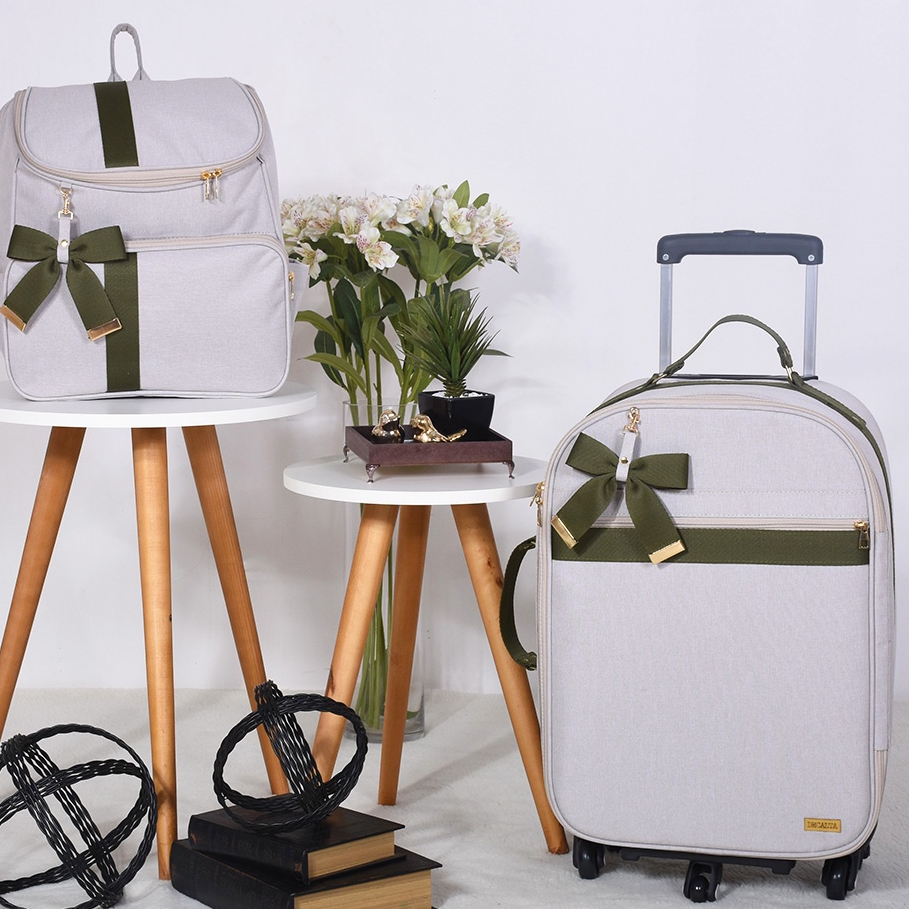 Kit Mochila + Mala de Rodinha Linho Off/Verde - 02 Peças
