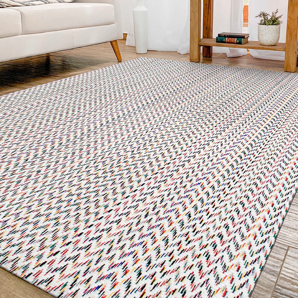Tapete Sala Algodão Artesanal 2,00m x 1,40m Antiderrapante Cru Colorido Decoração Natural Chevron em Oferta na Shopee
