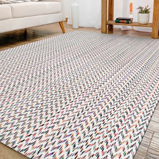 Tapete Artesanal para Sala 200 x 140 de Algodão com Antiderrapante Cru Trama Colorida Zig Zag Chevron