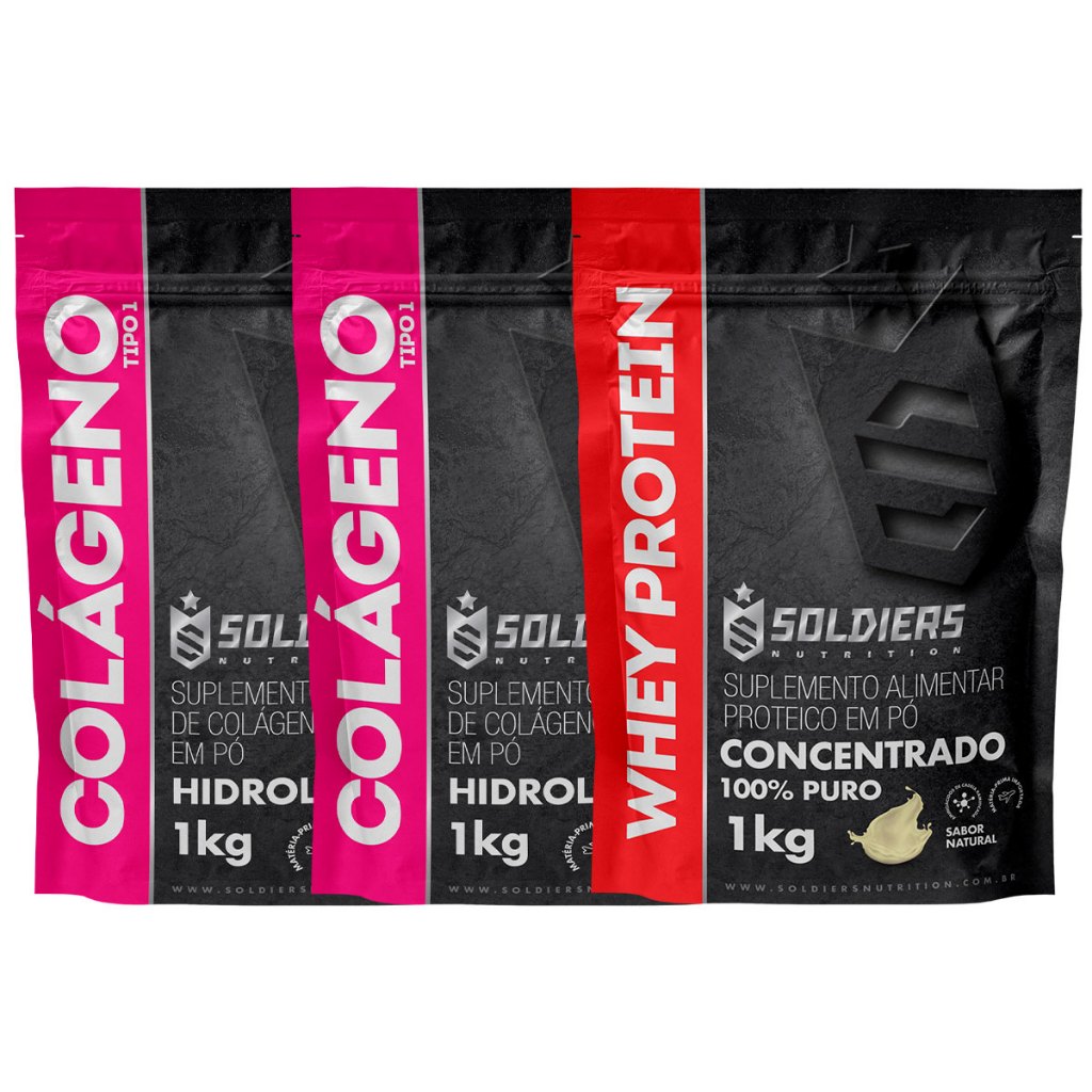Kit: Whey Protein Concentrado 1kg + Colágeno Tipo 1 Hidrolisado 2kg Soldiers Nutrition Proteína Muscular em Oferta na Shopee