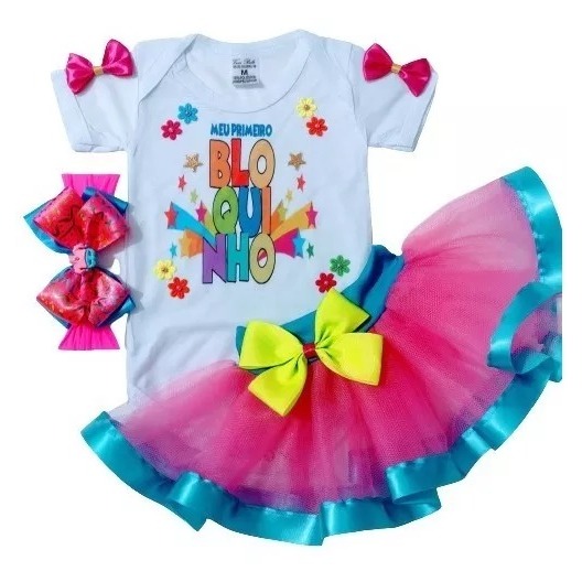 Conjunto Bebê Mesversario Roupa Festa Fantasia Carnaval Meu Primeiro Bloquinho Menina Body Temático, Saia Tutu e Laço