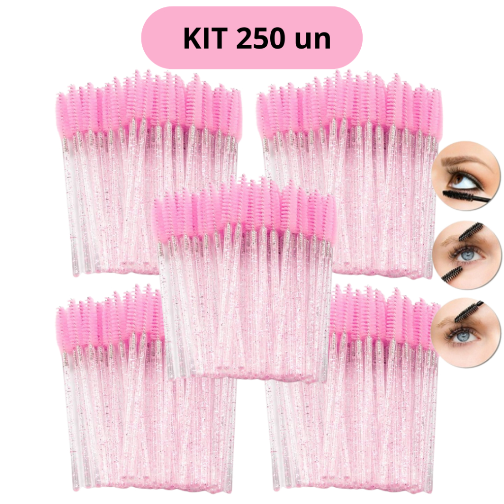 Kit 250 Escovinhas Cílios Sobrancelha Com Glitter Extensão e Alongamento Descartável