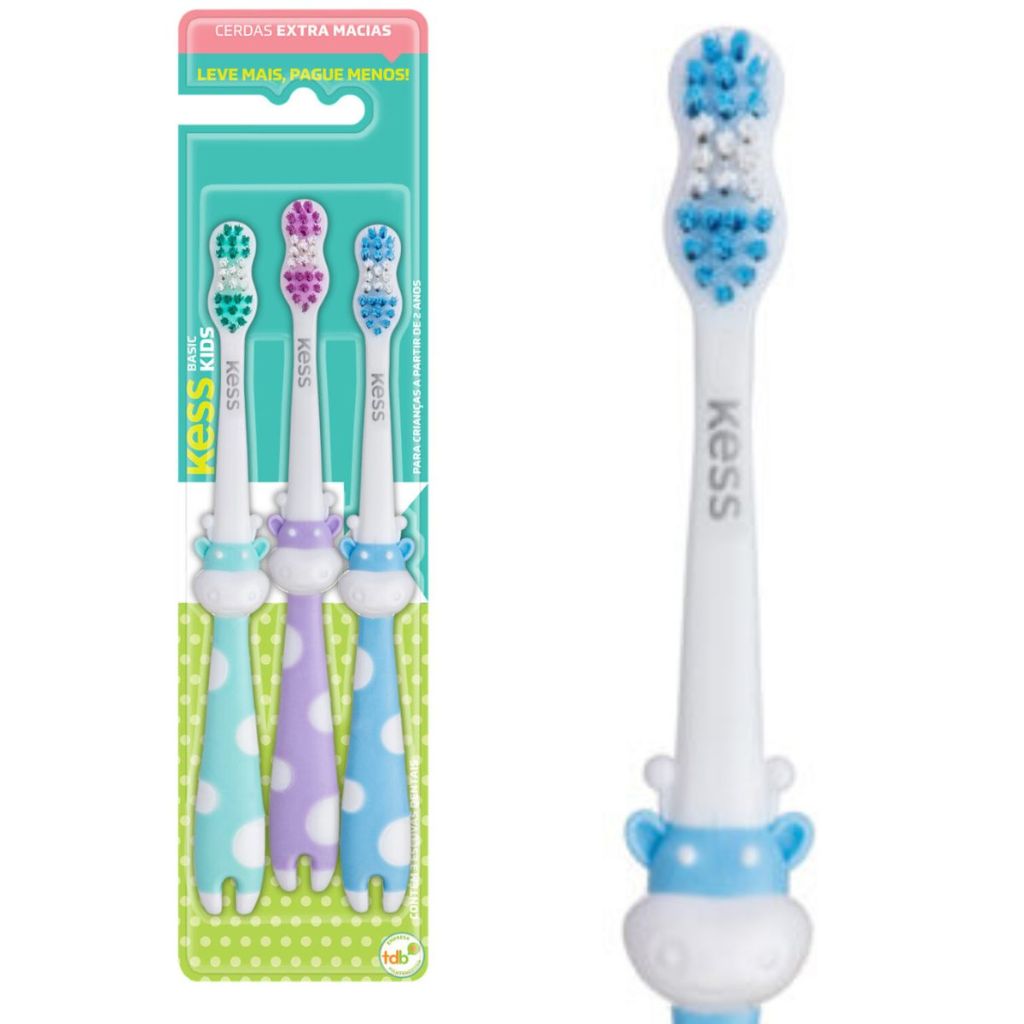 Pack Escovas de Dente Infantil Basic Pets com 3 Escovas Médias Kess 2566 em Oferta na Shopee