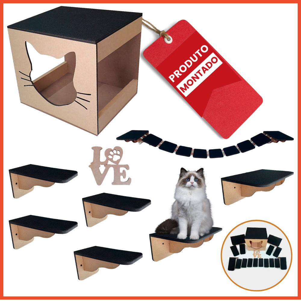 Playground Para Gatos 8 Peças Mdf Com Carpete Ponte Prateleira Degrau Caixa Casa