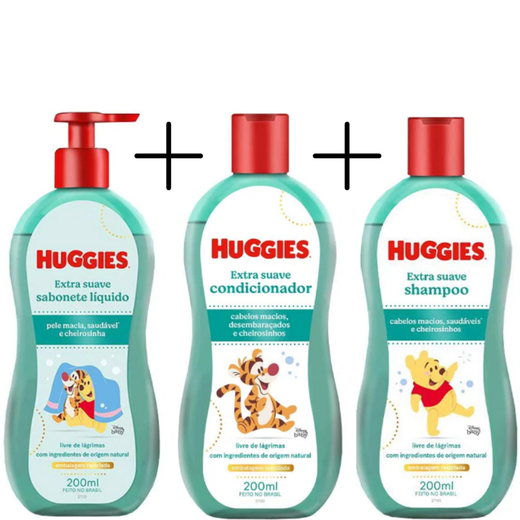 Kit Banho Extra Suave Huggies- Sabonete Liquido 200ml+ Shampoo 200ml+ Condicionador 200ml