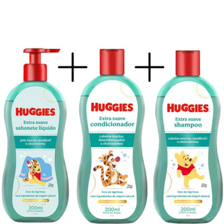 Kit Banho Extra Suave Huggies- Sabonete Liquido 200ml+ Shampoo 200ml+ Condicionador 200ml
