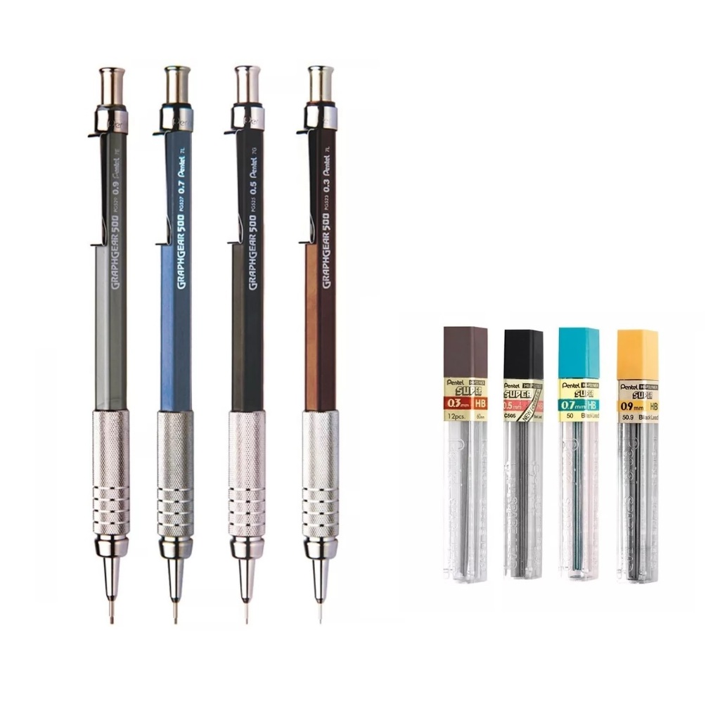 Lapiseiras Pentel Graphgear 500 03. 0.5 0.7 E 0.9 + Grafites