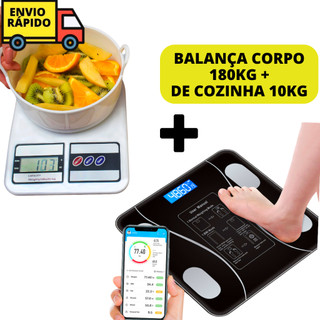 Kit Balança Bluetooth 180 kg + Balança De Cozinha Dieta e Bioimpedância Inteligente Profissional Digital Peso Corporal