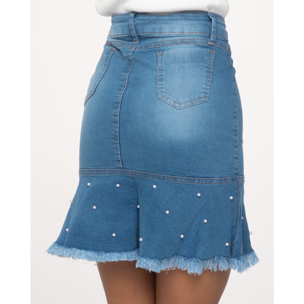 Saia Jeans Babado Com Pérolas Juvenil 7PALLAS