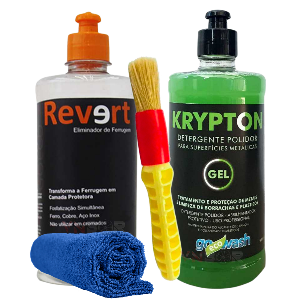 Kit Limpeza de Metais Revert e Krypton Gel Eliminador De Ferrugem Polidor de Metal Detergente Elimina Sabao Sabonete Shampoo Renovador Renova Brilho Cromado Restaura